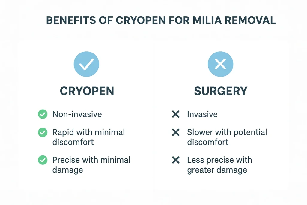 Benefits of cryopen for milia removal Newcastle upon Tyne compared to surgical treatments.