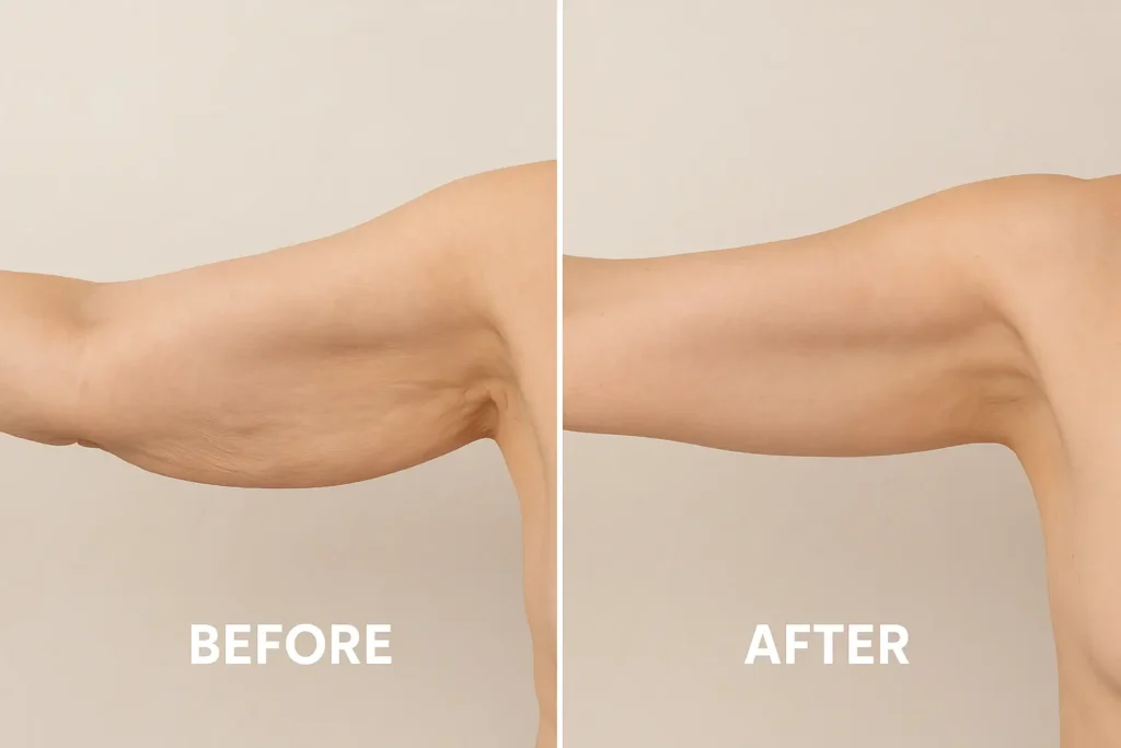 Picture of LA LIPO Newcastle upon Tyne before and after results of skin tightening treatment on the upper arms.