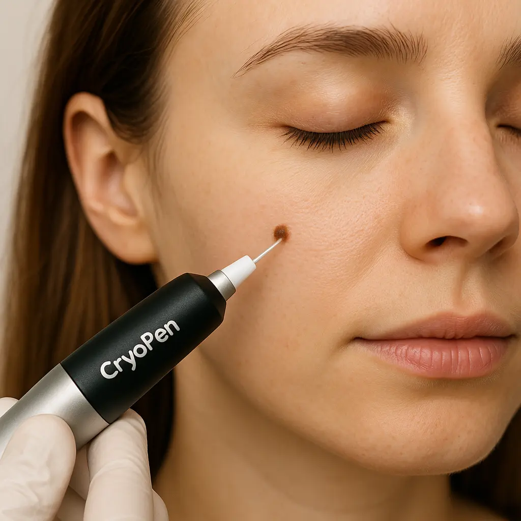 woman receiving facial mole removal Newcastle upon Tyne using cryopen 