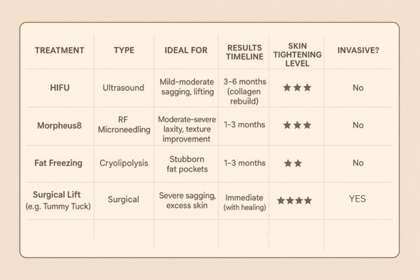Table showing the comparisons of Skin tightening Newcastle upon Tyne treatment options.